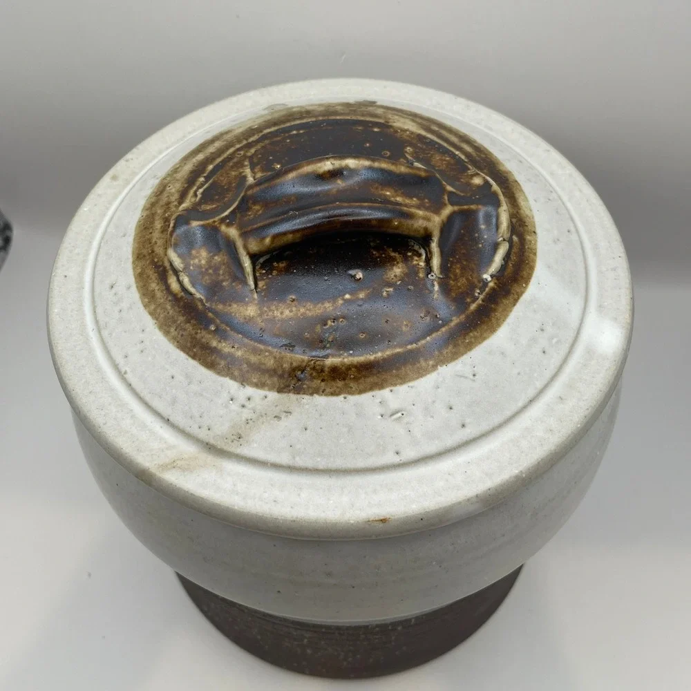 Vintage Signed Studio Pottery Lidded Jar Two Tone White Brown Stoneware Canister